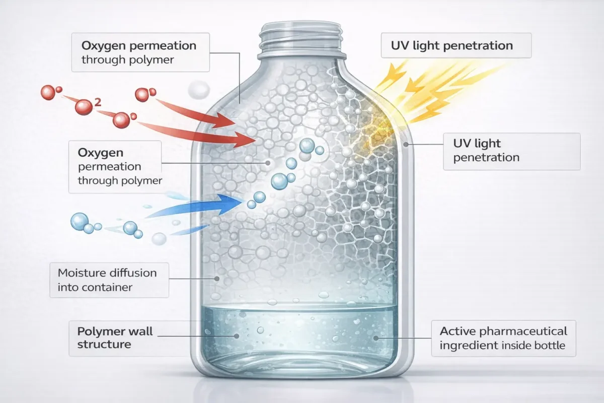 Cross-section diagram of plastic bottle showing permeation of oxygen, moisture, and light through polymer walls