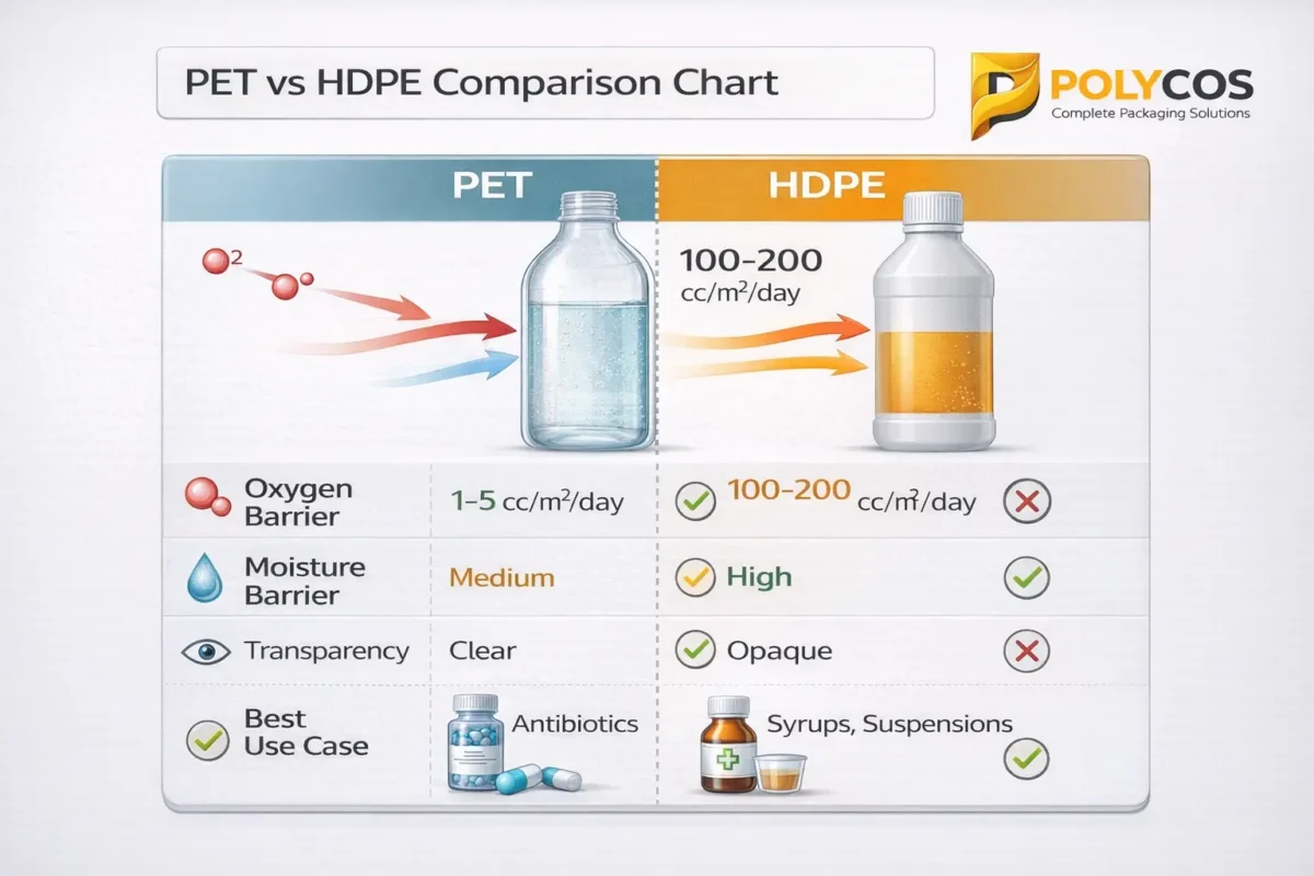 "Comparison chart showing PET vs HDPE bottle properties including oxygen permeability and moisture barriers