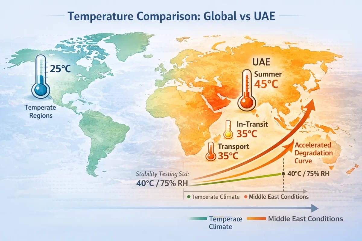 Global temperature map comparing pharmaceutical storage conditions in temperate vs Middle East regions