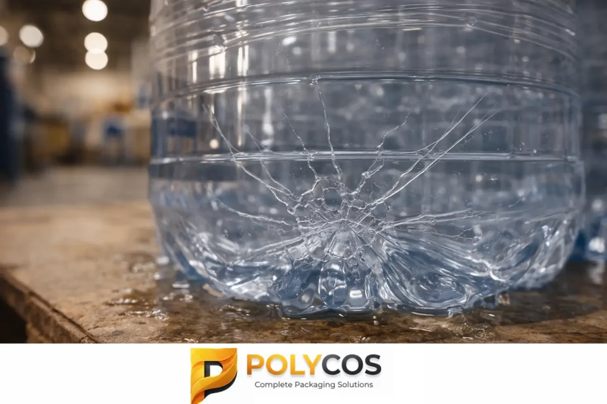 Technical diagram showing environmental stress crack resistance in PET bottles, with surfactant molecules entering amorphous regions near the bottle gate area