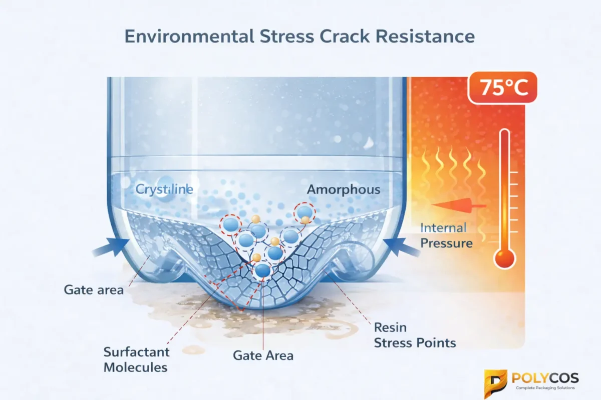 Technical diagram showing environmental stress crack resistance in PET bottles