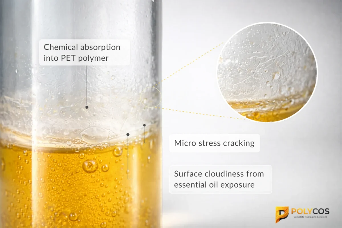 PET bottle wall cloudiness from essential oil absorption