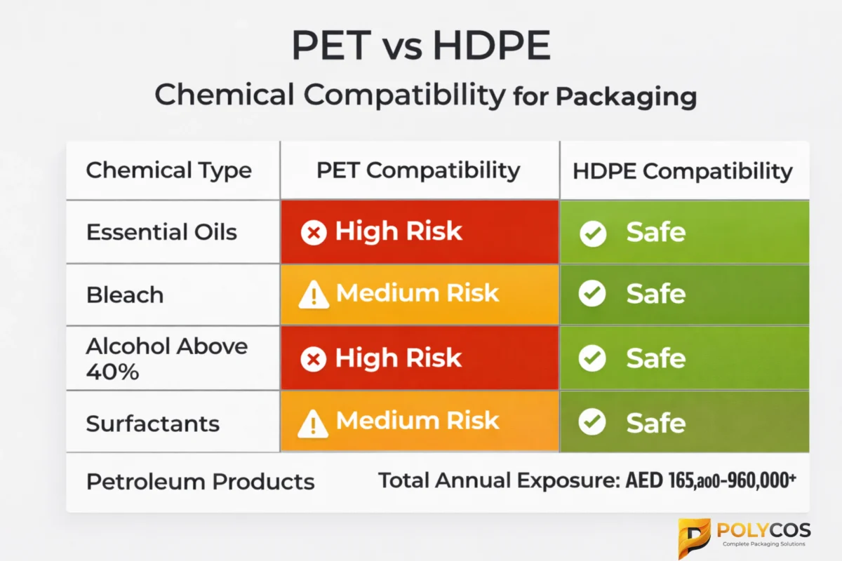 PET vs HDPE chemical compatibility chart — material resistance comparison for UAE cosmetic and industrial packaging