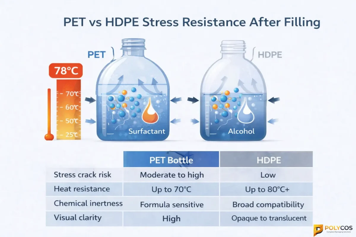Comparison infographic showing PET vs HDPE stress resistance after filling, with a side-by-side bottle cross-section, internal pressure arrows, fill formula icons for surfactants and alcohol, and heat exposure labels from 25°C to 78°C
