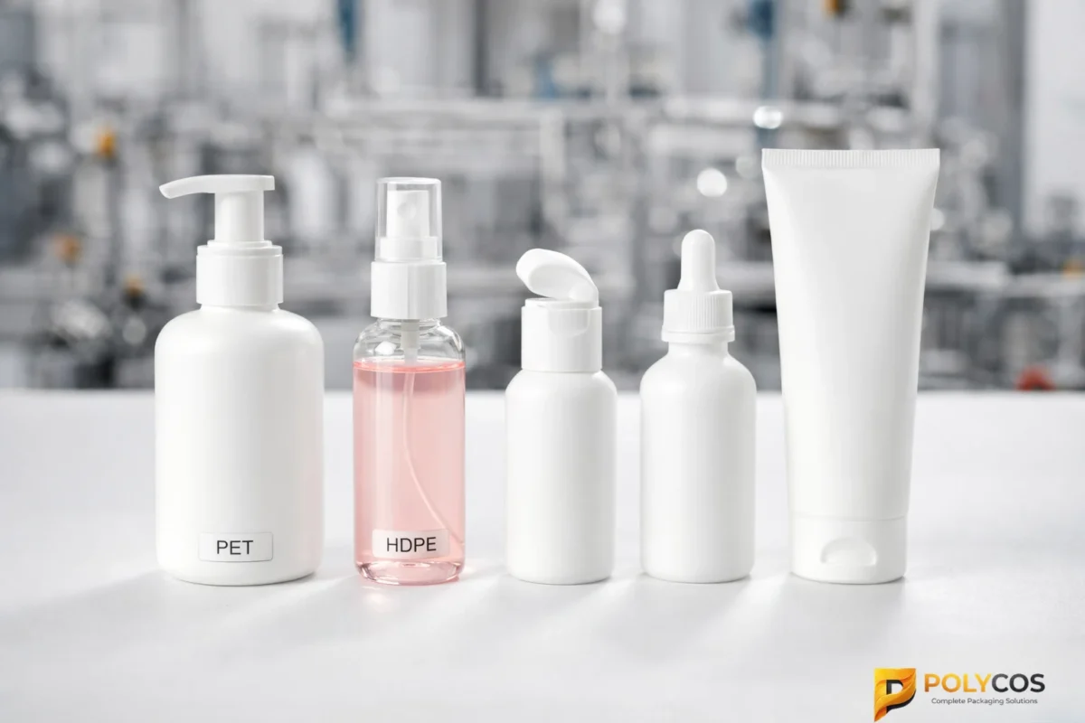 HDPE cosmetic bottle range by Polycos Industries — pump dispensers, spray bottles, dropper bottles manufactured in UAE