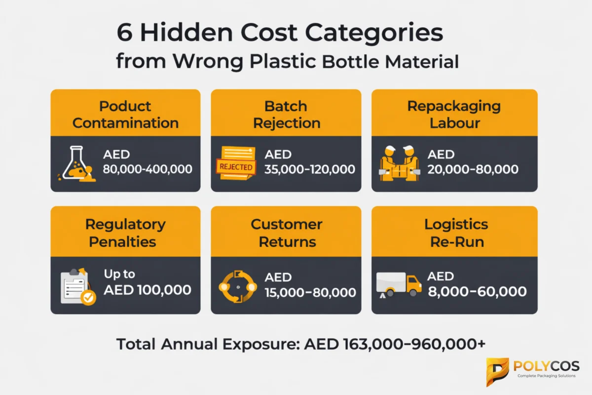 6 hidden cost categories from wrong plastic bottle material — AED cost ranges for UAE manufacturers 