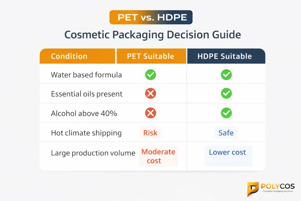 PET vs HDPE cosmetic packaging decision guide infographic by Polycos Industries UAE